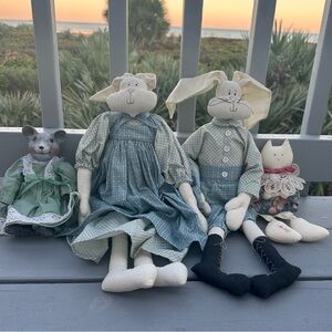 Vintage Handmade Fabric Animal Dolls Cottagecore Primitive Nursery Decor Set